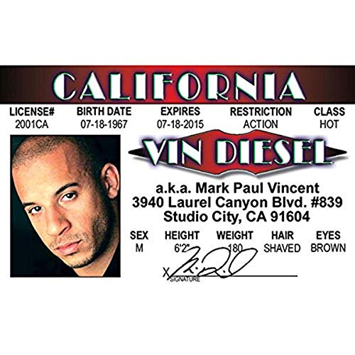 Signs 4 Fun Parody ID | Vin Diesel Driver’s License | Fake ID Novelty Card | Collectible Trading Card Driver’s License | Novelty Gift for Holidays | Made in The USA