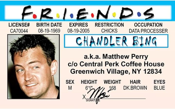 Parody Driver’s License | Friends - Chandler ID | Fake ID Novelty Card | Collectible Trading Card Driver’s License | Novelty Gift for Holidays | Made in The USA