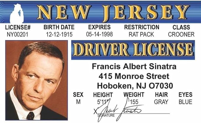 Parody ID | Sinatra Driver’s License | Fake ID Novelty Card | Collectible Trading Card Driver’s License | Novelty Gift for Holidays | Made in The USA