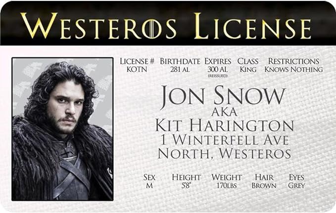 Parody ID | GoT – Jon Snow Driver’s License | Fake ID Novelty Card | Collectible Trading Card Driver’s License | Novelty Gift for Holidays | Made in the USA