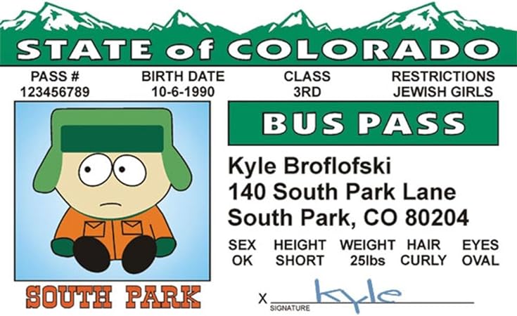 Parody ID | South Park - Kyle Buss Pass | Fake ID Novelty Card | Collectible Trading Card Buss Pass | Novelty Gift for Holidays | Made in The USA