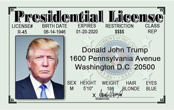 Parody ID | Donald Trump Driver’s License | Fake ID Novelty Card | Collectible Trading Card Driver’s License | Novelty Gift for Holidays | Made in The USA