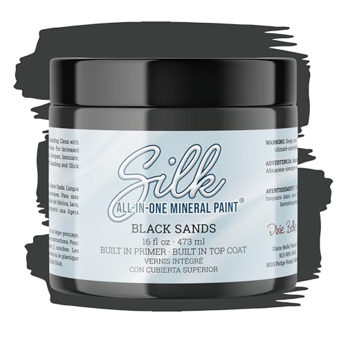 Dixie Belle Silk All-in-One Mineral Paint | Black Sands (16 Fl Oz) | Gray Black All-in-One Water Based Primer + Topcoat | Durable Furniture Paint | Low Reflective Finish