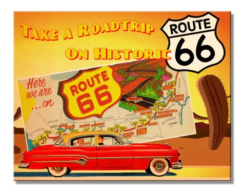 Historic Route 66 Roadtrip Tin Sign - Nostalgic Vintage Metal Wall Decor - Made in USA