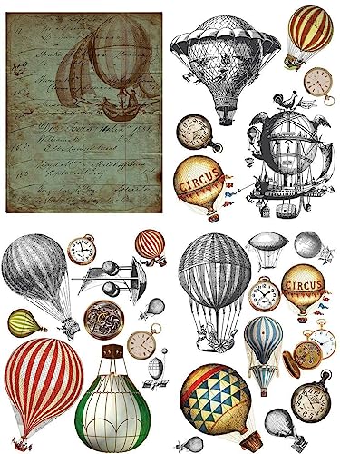 Dixie Belle Belles & Whistles Transfer | Hot Air Balloons & Clocks | 24.8” x 38.8” Sheet | Rub On Decorative Transfer for Crafts, Furniture, DIY | Crafting Design Transfer